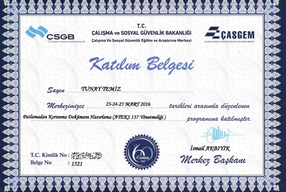 ÇASGEM Patlamadan Korunma Dokümanı Hazırlama (ATEKS 137) Sertifikası